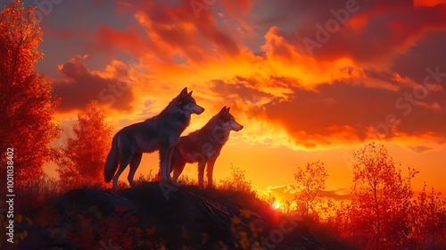 A pair of wolves standing on a hill, surrounded by colorful autumn trees and a sunset sky.