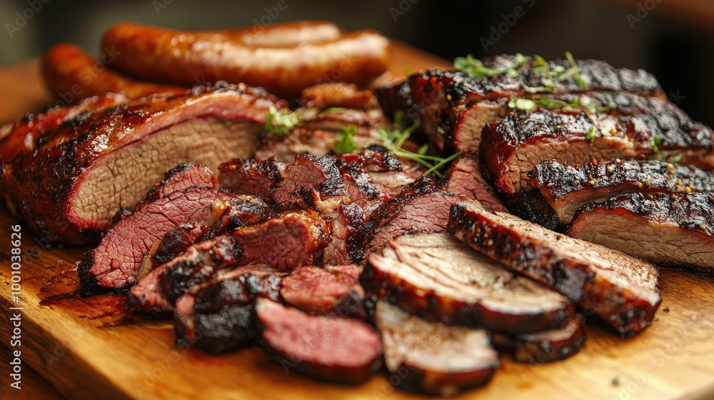 A close-up of a meat lover platter with an assortment of cooked meats, including beef brisket, grilled sausages, and barbecued ribs, arranged on a wooden board. A close-up of a meat lover platter with an assortment of cooked meats, including beef brisket, grilled sausages, and barbecued ribs, arranged on a wooden board.