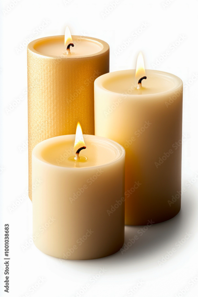 Three lighted candles on a white background. Three lighted candles on a white background.