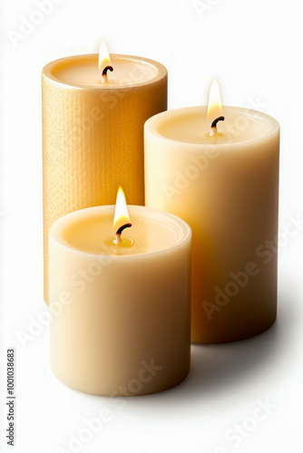 Three lighted candles on a white background.