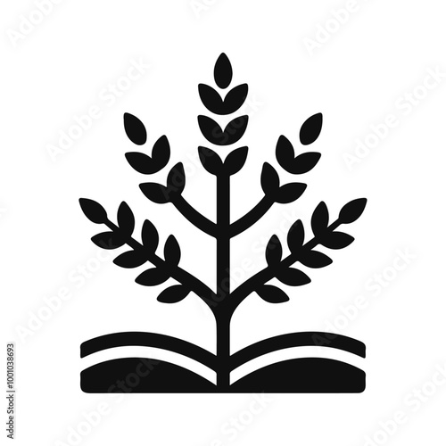 Black solid grain crops tree, seed planting, and farm barn icon design