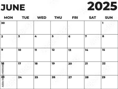 Monthly Planner June 2025, Minimalist Black and White Calendar, Monday Start Printable Calendar, Plain calendar, Dated Monthly Planner, Simple Monthly Organizer, Landscape Monthly Planner