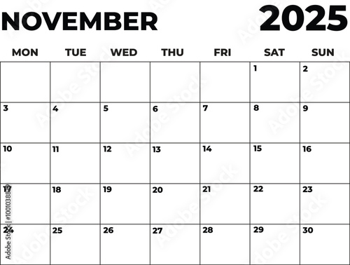 Monthly Planner November 2025, Minimalist Black and White Calendar, Monday Start Printable Calendar, Plain calendar, Dated Monthly Planner, Simple Monthly Organizer, Landscape Monthly Planner