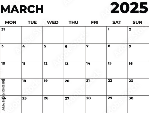 Monthly Planner March 2025, Minimalist Black and White Calendar, Monday Start Printable Calendar, Plain calendar, Dated Monthly Planner, Simple Monthly Organizer, Landscape Monthly Planner