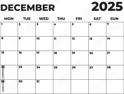 Monthly Planner December 2025, Minimalist Black and White Calendar, Monday Start Printable Calendar, Plain calendar, Dated Monthly Planner, Simple Monthly Organizer, Landscape Monthly Planner