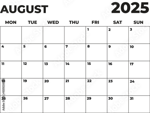 Monthly Planner August 2025, Minimalist Black and White Calendar, Monday Start Printable Calendar, Plain calendar, Dated Monthly Planner, Simple Monthly Organizer, Landscape Monthly Planner