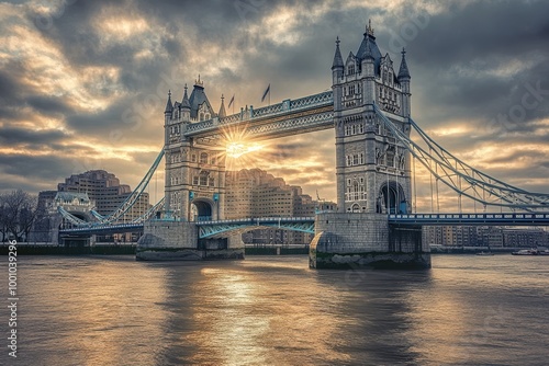 Dramatic sunset over iconic tower bridge in london