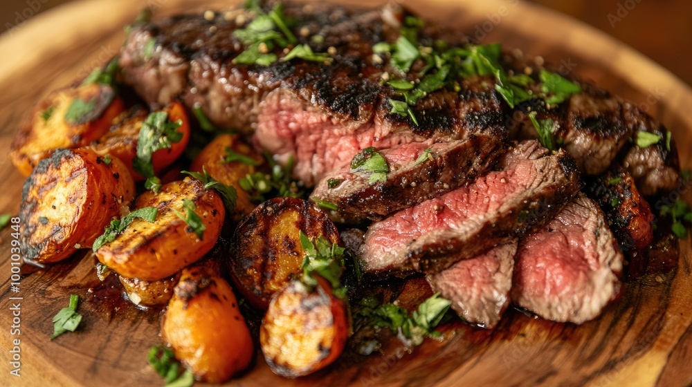 A close-up of a perfectly grilled steak with a juicy, tender center, served with a side of roasted vegetables and garnished with fresh herbs on a wooden platter. A close-up of a perfectly grilled steak with a juicy, tender center, served with a side of roasted vegetables and garnished with fresh herbs on a wooden platter.