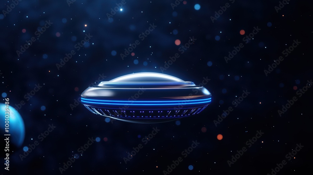 Futuristic UFO in space, surrounded by stars and planets, high-tech concept design. Futuristic UFO in space, surrounded by stars and planets, high-tech concept design.