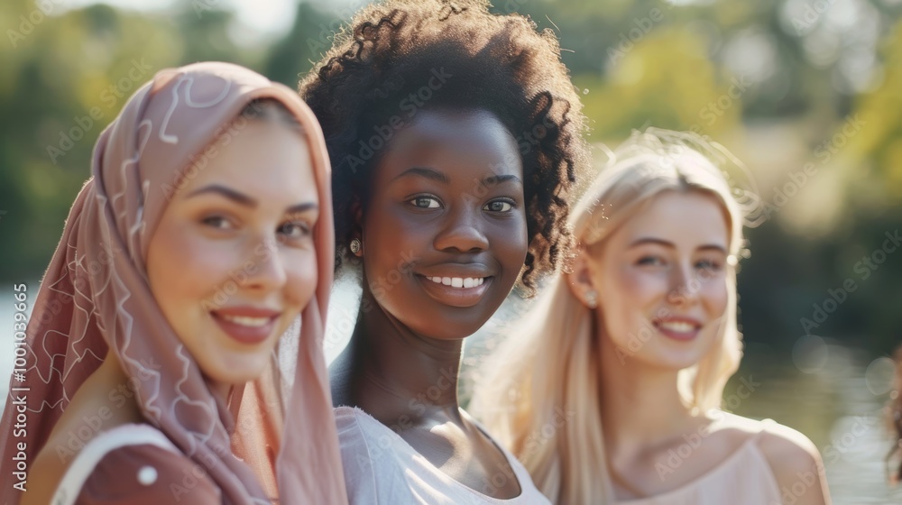 Young women from various ethnic backgrounds, standing closely and smiling warmly Young women from various ethnic backgrounds, standing closely and smiling warmly