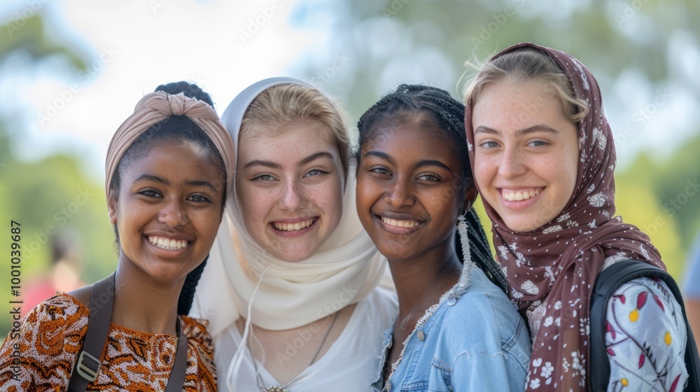 Young women from various ethnic backgrounds, standing closely and smiling Young women from various ethnic backgrounds, standing closely and smiling