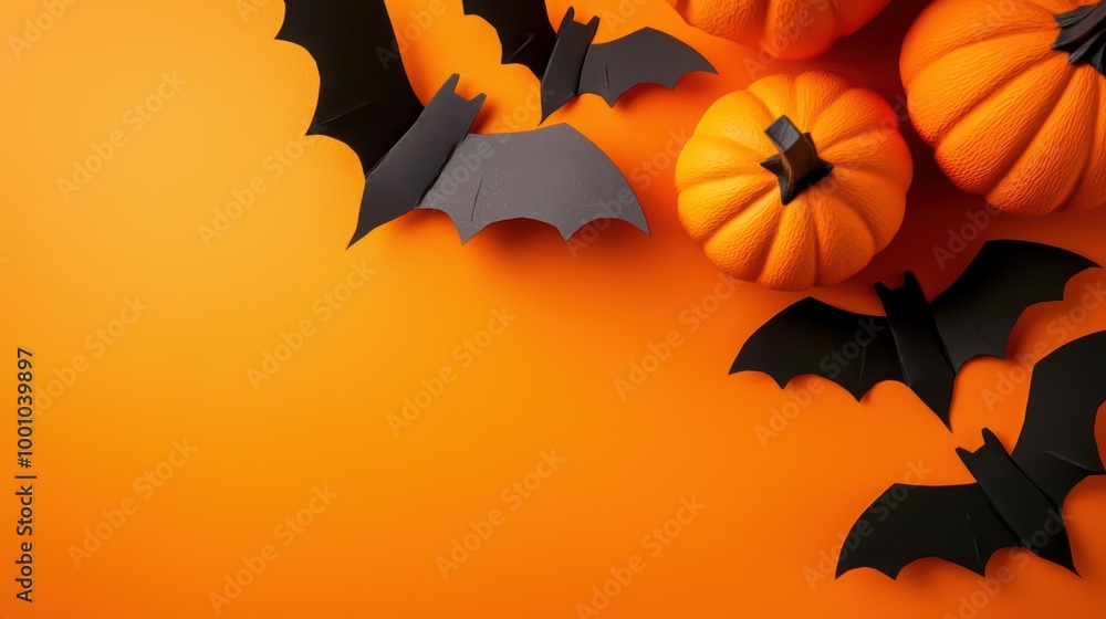 Naklejka premium Halloween bats and pumpkins on a vibrant orange background.