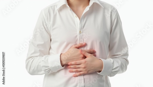 A person wearing a white shirt holding their stomach, indicating discomfort or pain, with a neutral background.