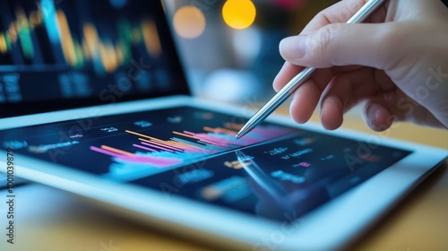 A close-up of a person hand using a stylus to highlight key data points on a financial graph displayed on a tablet, with a laptop and financial reports visible in the background photo