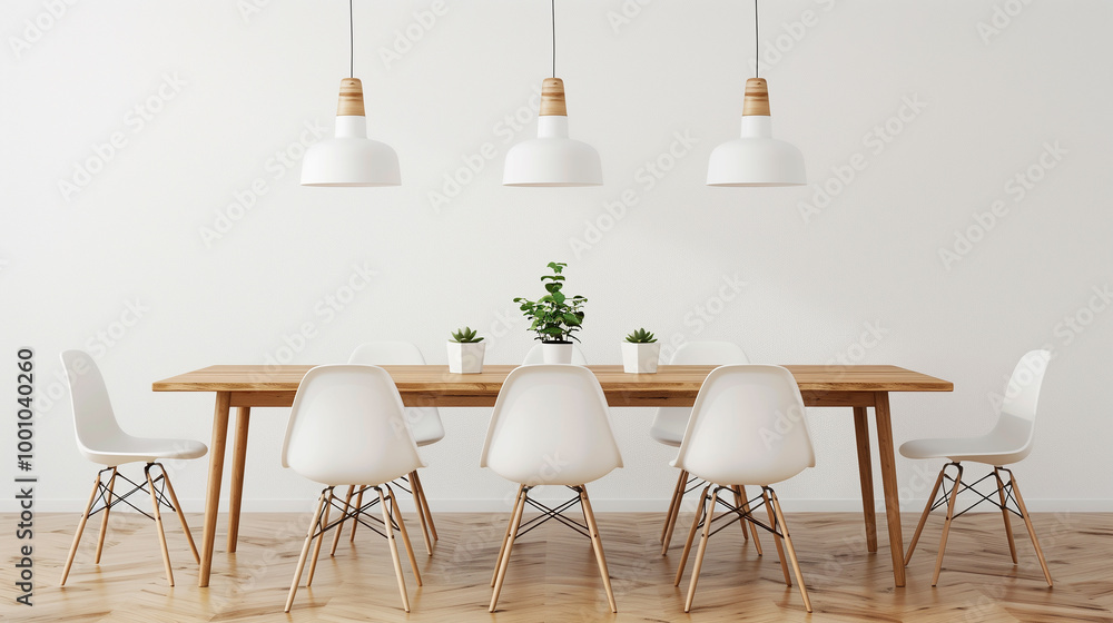 Scandinavian dining room with a minimalist oak dining table, simple white chairs, and soft pendant lighting, creating a cozy yet modern space. interior design Scandinavian dining room with a minimalist oak dining table, simple white chairs, and soft pendant lighting, creating a cozy yet modern space. interior design