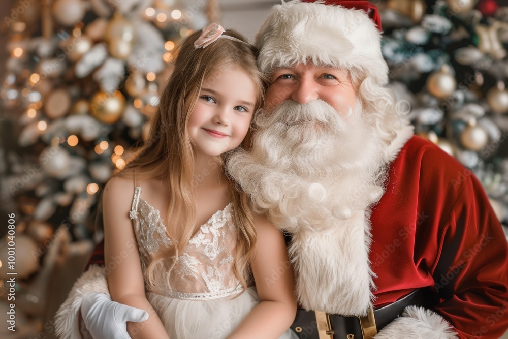 Little beautiful girl sits on a chair with Santa Claus Little beautiful girl sits on a chair with Santa Claus