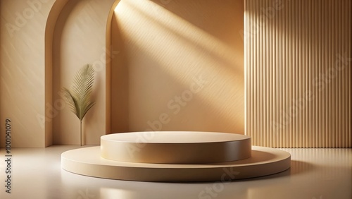 An empty podium against a clean beige background sets the scene for minimalist product displays  offering a