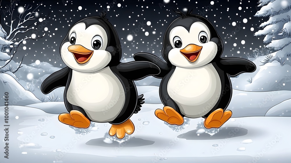Snowy landscape with cartoon penguins ice skating and playing Snowy landscape with cartoon penguins ice skating and playing