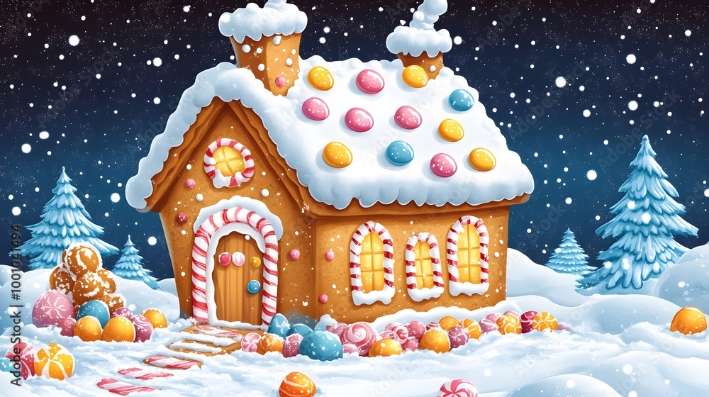Cartoon gingerbread house covered in candy and icing surrounded by snow Cartoon gingerbread house covered in candy and icing surrounded by snow