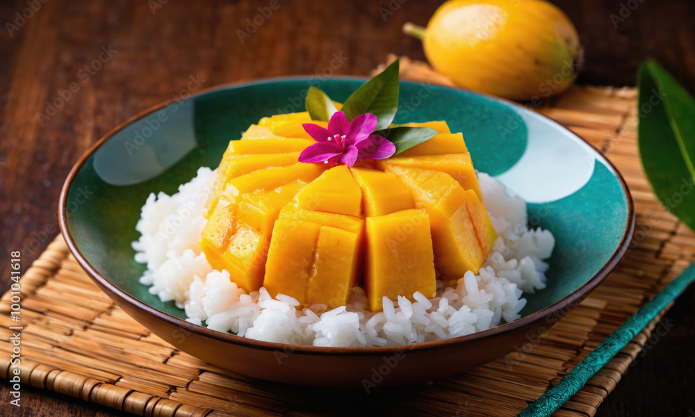 A bowl of sticky rice topped with fresh mango and a flower sits on a bamboo mat A bowl of sticky rice topped with fresh mango and a flower sits on a bamboo mat