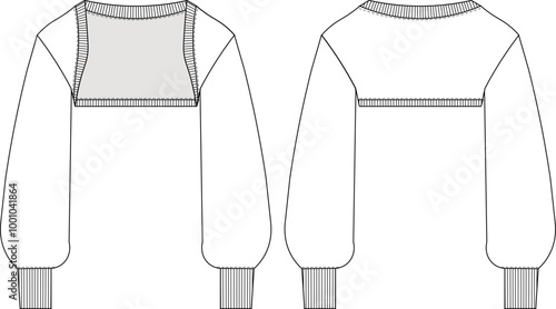 ribbed neck ribbed hem cuff long balloon sleeve cropped crop open front bolero cardigan sweater knitwear template technical drawing flat sketch cad mockup fashion woman design style model
