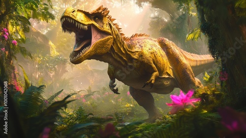 Fototapeta Naklejka Na Ścianę i Meble -  Ferocious dinosaur in lush jungle landscape