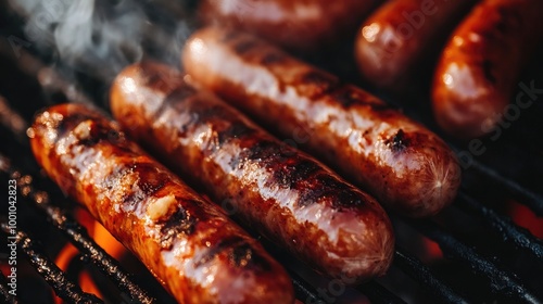 A close-up of sizzling sausages on a grill, with golden-brown crispy skins and juicy interiors, surrounded by grill marks and smoke.