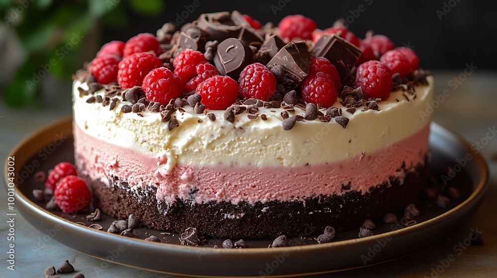 A layered chocolate and raspberry ice cream cake with chocolate shavings and fresh raspberries on top, ready to be served. A layered chocolate and raspberry ice cream cake with chocolate shavings and fresh raspberries on top, ready to be served.