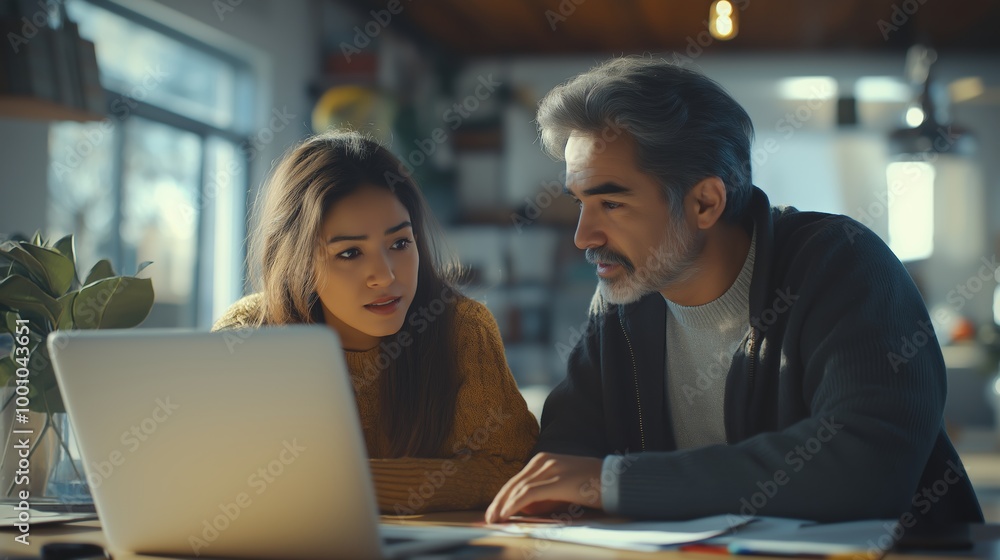 Father and Daughter Collaborating on Laptop at Home for Financial Planning or Remote Work Father and Daughter Collaborating on Laptop at Home for Financial Planning or Remote Work