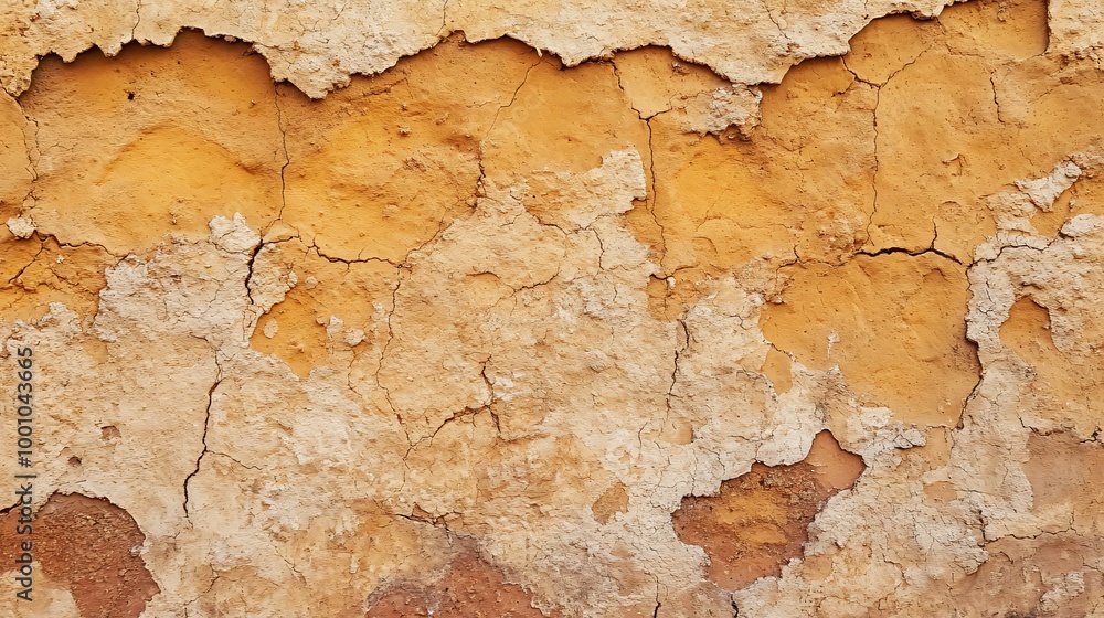 Cracked and peeling yellow paint on a textured wall. Cracked and peeling yellow paint on a textured wall.