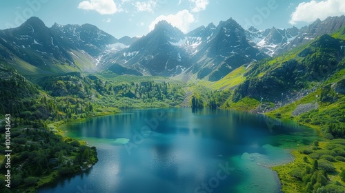 Mountain lake with forest reflection and scenic peaks 