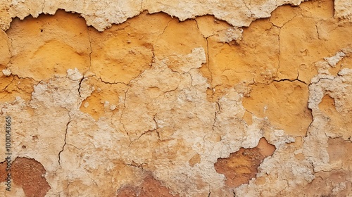 Cracked and peeling yellow paint on a textured wall.