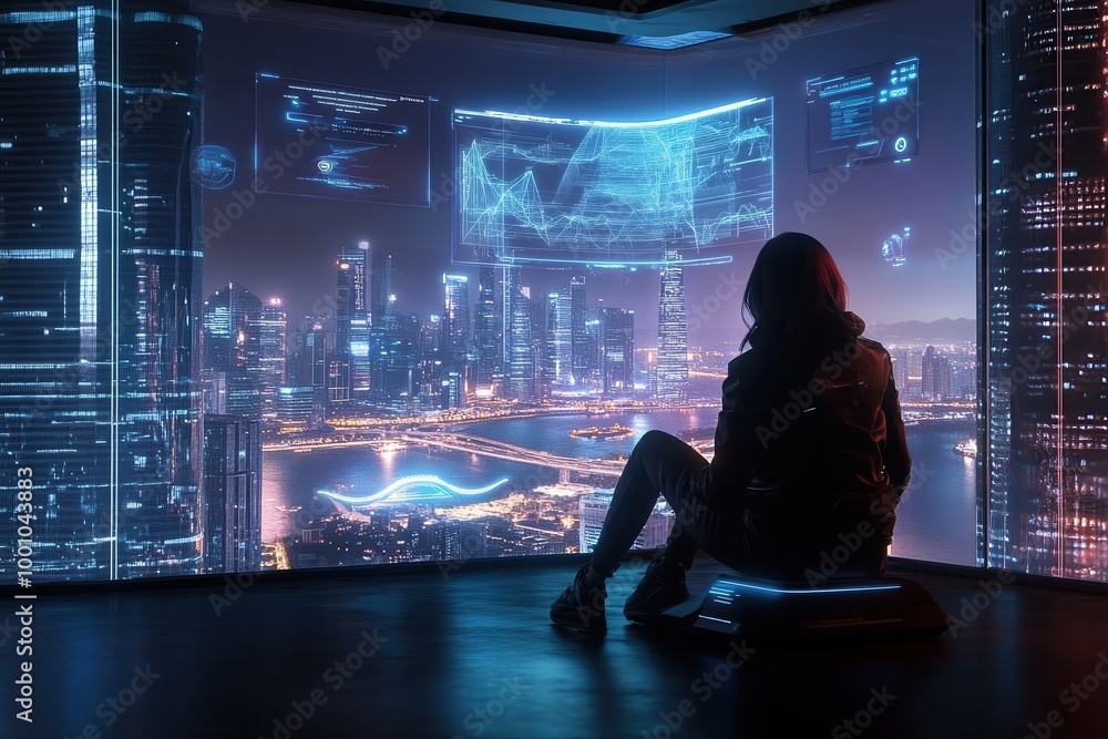 silhouette of a person enjoying a futuristic cityscape with holographic data projections from a high-tech observation room