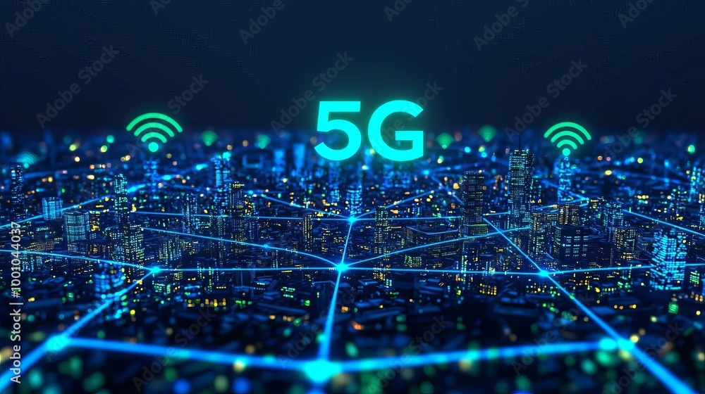 Power of 5G A cityscape interconnected with glowing blue and green 5G waves, showing the vast power of connectivity, vibrant colors, futuristic atmosphere, digital illustration Power of 5G A cityscape interconnected with glowing blue and green 5G waves, showing the vast power of connectivity, vibrant colors, futuristic atmosphere, digital illustration
