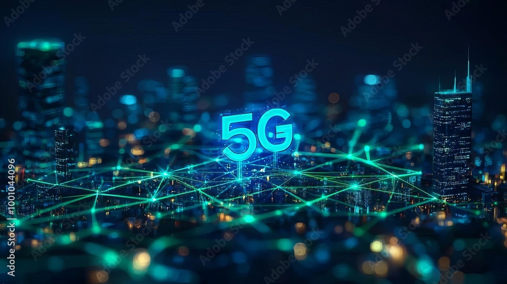 Obraz premium Power of 5G A cityscape interconnected with glowing blue and green 5G waves, showing the vast power of connectivity, vibrant colors, futuristic atmosphere, digital illustration