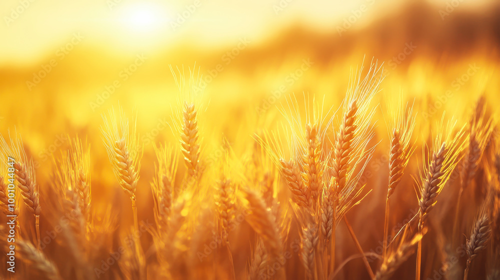 Golden wheat field under the bright sun at sunset creating a warm, vibrant atmosphere in the countryside landscape Golden wheat field under the bright sun at sunset creating a warm, vibrant atmosphere in the countryside landscape