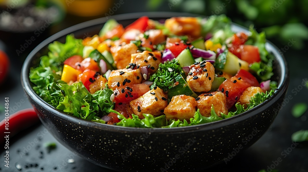 A bowl of fresh salad with tofu, vegetables, and a spicy dressing. A bowl of fresh salad with tofu, vegetables, and a spicy dressing.
