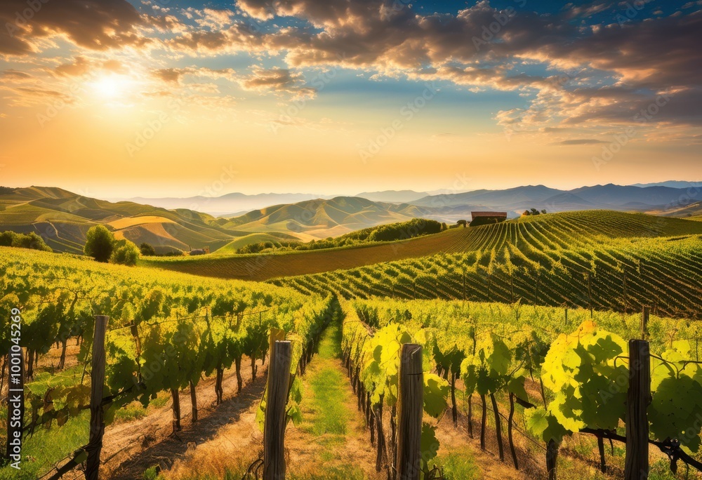 Fototapeta premium stunning vineyard landscape featuring vibrant grape vines amidst breathtaking scenic views, abundance, agriculture, backdrop, biodiversity, bright