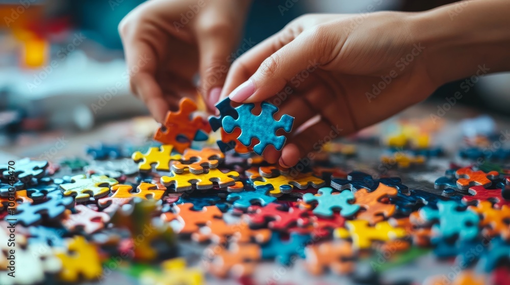 Hands assembling colorful puzzle pieces on a table, surrounded by a chaotic mix of disconnected parts, showcasing creativity and focus.