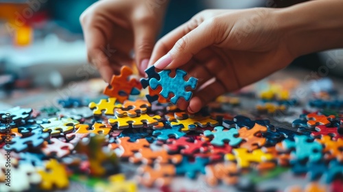 Hands assembling colorful puzzle pieces on a table, surrounded by a chaotic mix of disconnected parts, showcasing creativity and focus.