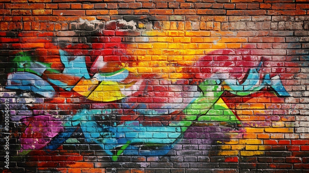 Colorful graffiti on a brick wall with vibrant hues of blue, green, red, yellow and purple. Colorful graffiti on a brick wall with vibrant hues of blue, green, red, yellow and purple.