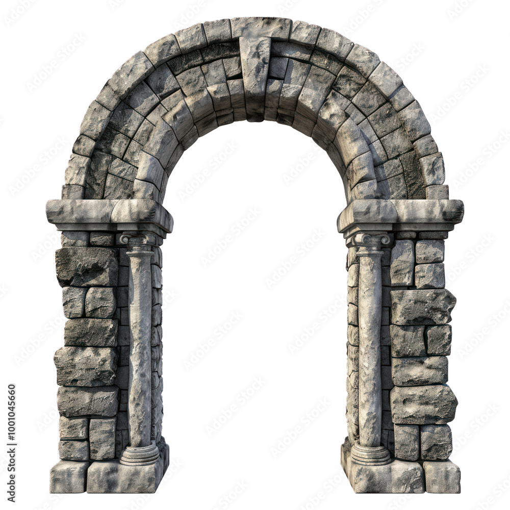 Ancient stone archway is standing on a white background, creating an entrance Ancient stone archway is standing on a white background, creating an entrance