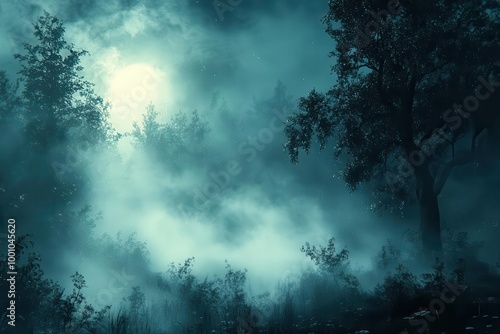 eerie fog enveloping a mysterious forest at moonlight creating an abstract bokeh effect the dim lighting and shadows evoke a sense of intrigue and suspense in the serene landscape