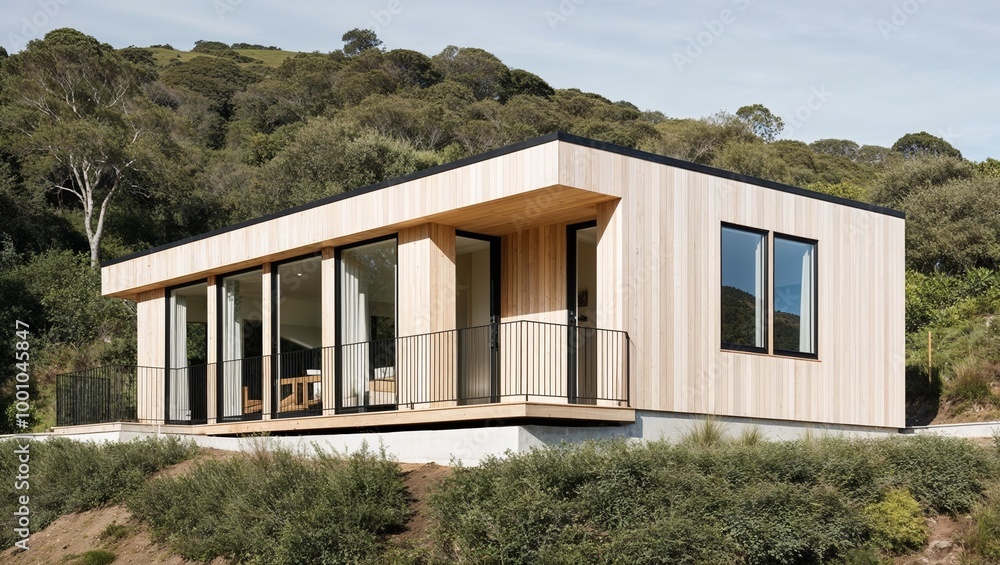 Fototapeta premium modern, minimalist-style house situated on a hillside surrounded by lush greenery. The house features a rectangular layout with a flat roof and is constructed primarily from light-colored wood