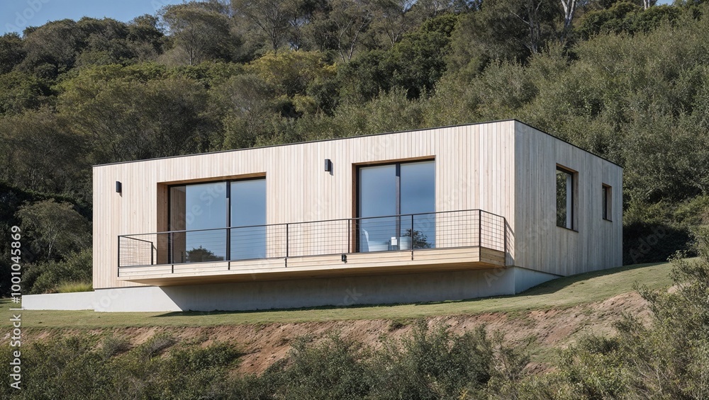 modern, minimalist-style house situated on a hillside surrounded by lush greenery. The house features a rectangular layout with a flat roof and is constructed primarily from light-colored wood modern, minimalist-style house situated on a hillside surrounded by lush greenery. The house features a rectangular layout with a flat roof and is constructed primarily from light-colored wood