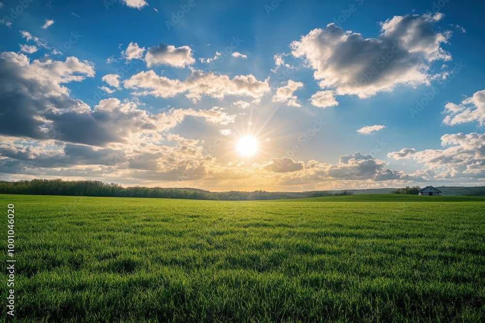 Scenic countryside landscape with green fields and dramatic sky Scenic countryside landscape with green fields and dramatic sky