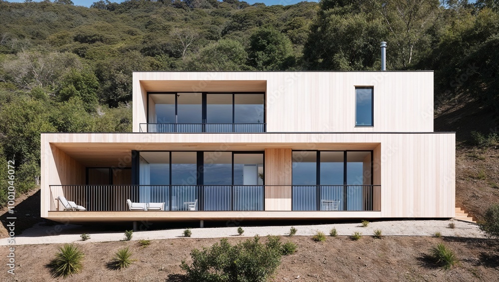 modern, minimalist-style house situated on a hillside surrounded by lush greenery. The house features a rectangular layout with a flat roof and is constructed primarily from light-colored wood modern, minimalist-style house situated on a hillside surrounded by lush greenery. The house features a rectangular layout with a flat roof and is constructed primarily from light-colored wood