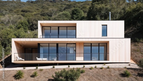 modern, minimalist-style house situated on a hillside surrounded by lush greenery. The house features a rectangular layout with a flat roof and is constructed primarily from light-colored wood