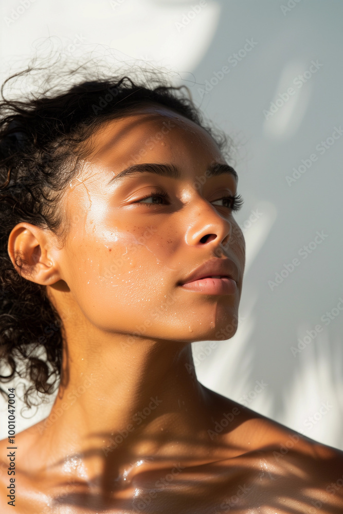 Naklejka premium Natural lady beauty skincare wellness soft shiny glow radiant skin dark hair sun-kissed summer melanin curls holistic spa hydration aesthetic self-love plain background chic female 