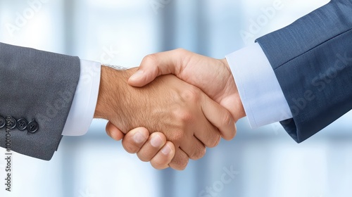 Two business professionals shaking hands in a modern office setting.